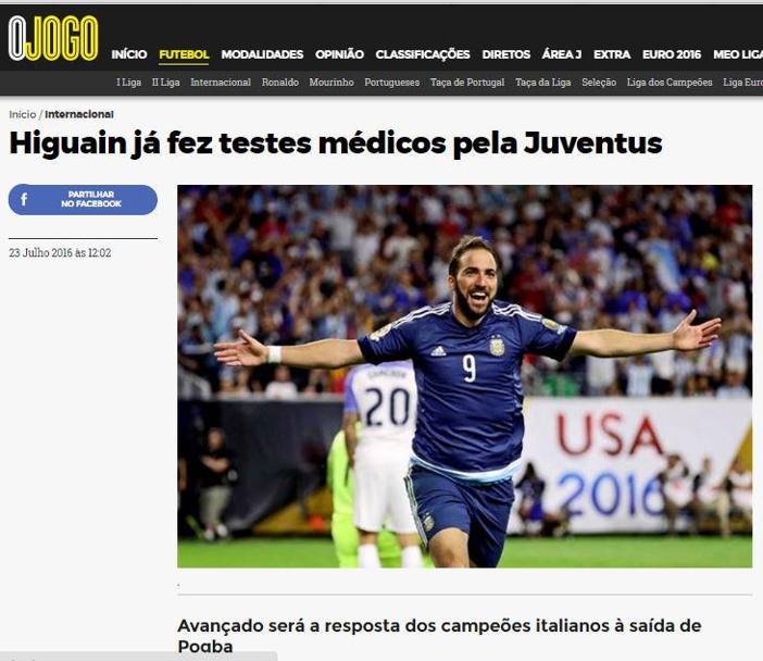 Il passaggio di Higuain alla Juventus finisce anche nella vetrina online del portoghese OJogo 